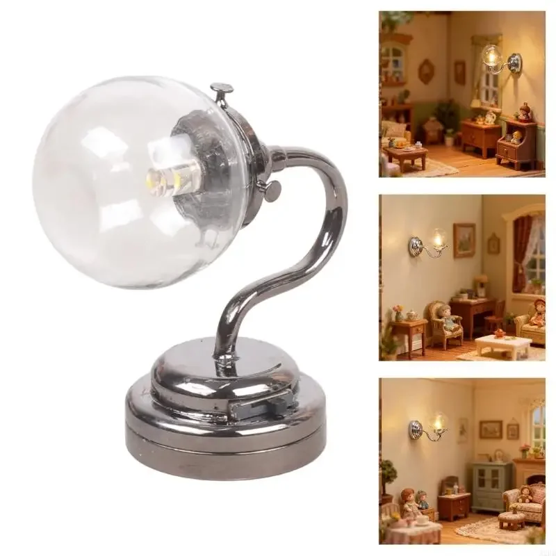 Modelo lâmpada parede moderna, estatueta vidro transparente, moldura metal preta, iluminação miniatura, escala