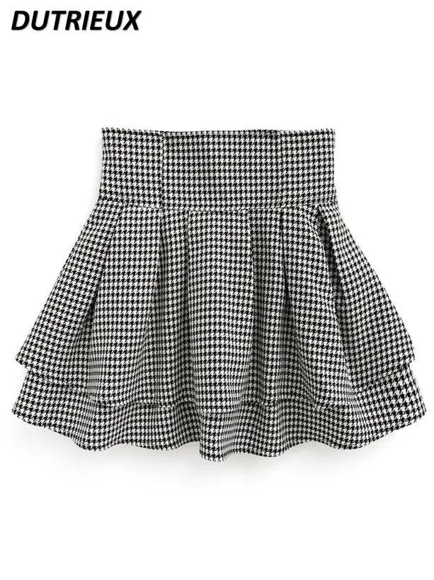 Herbst und Winter Neuer japanischer süßer kurzer Rock mit hoher Taille und Hahnentrittmuster, gefüttert mit Rüschenrand und Reißverschluss, A-Linien-Miniröcke