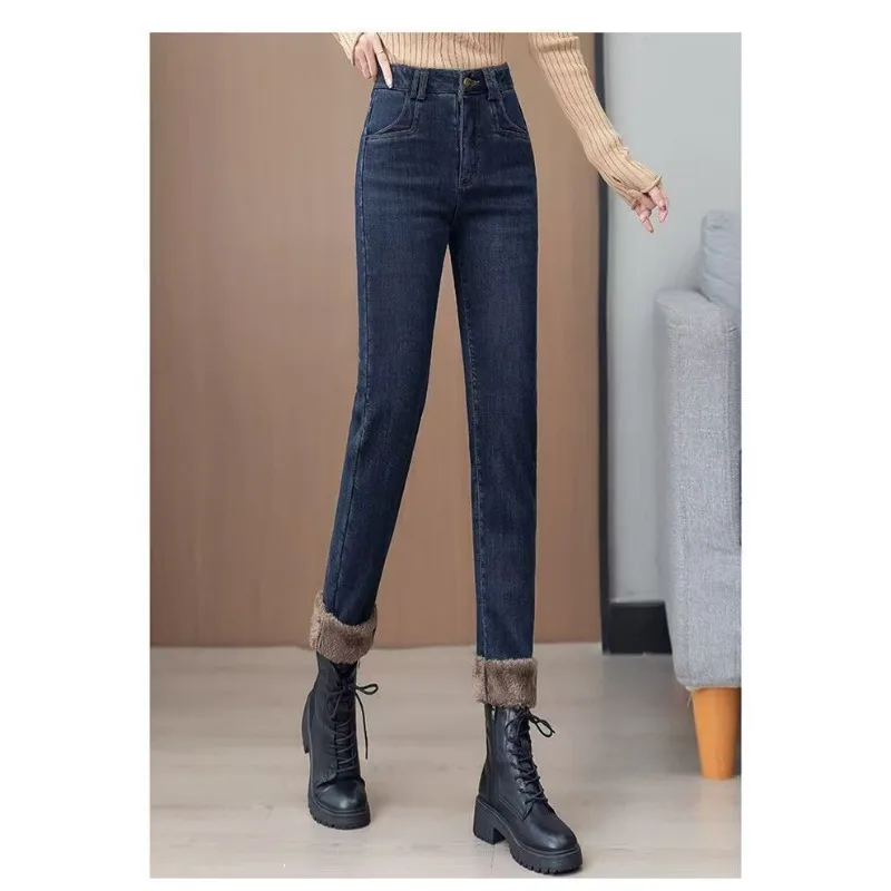 

Утепленные джинсы с высокой талией и эластичным поясом для женщин, облегающие, повседневные, теплые, осенне-зимние, модные, однотонные, новый стиль