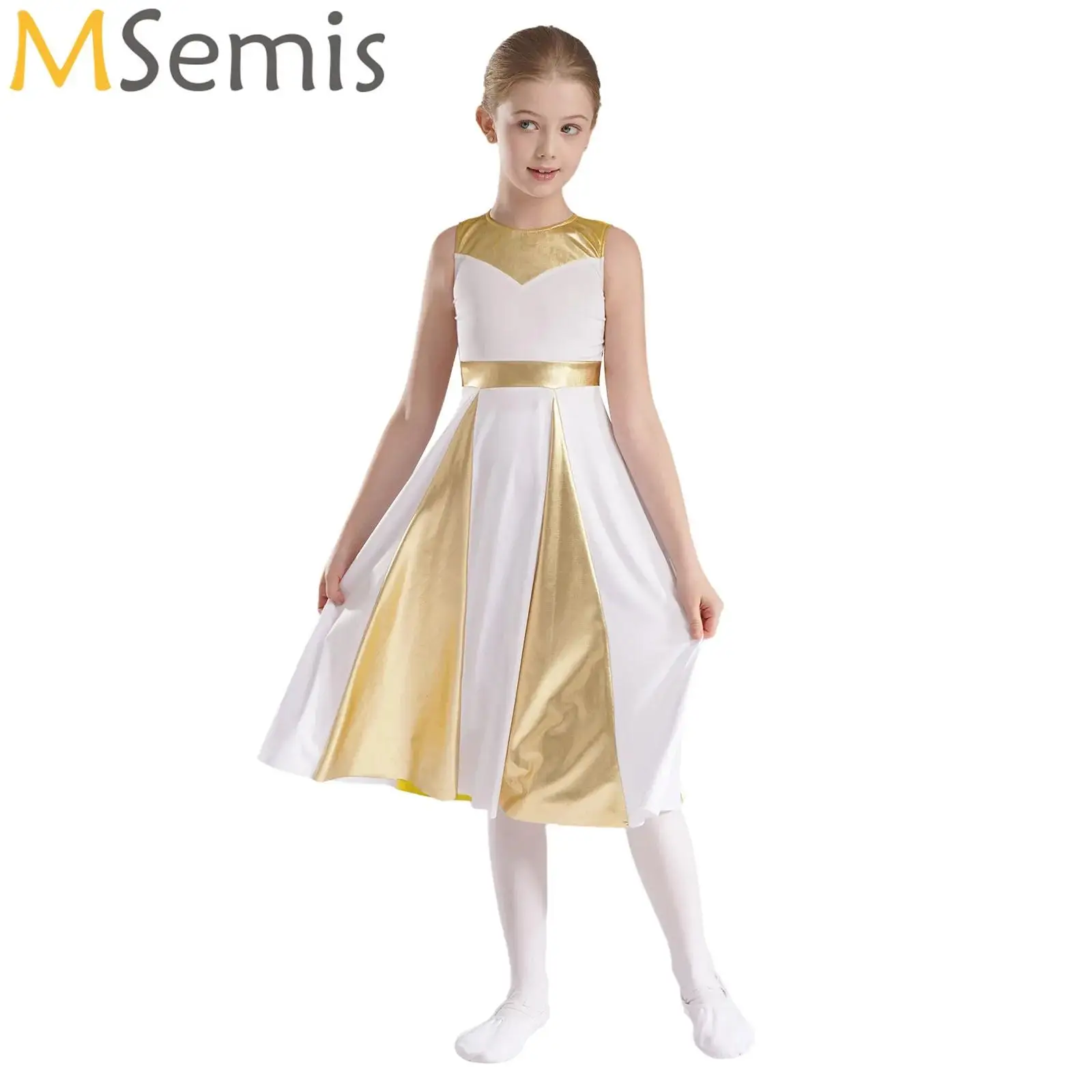 Abito da ballo di lode metallico bambini ragazze lirico chiesa moderna Dancewear abito Patchwork senza maniche Costume da coro di culto della chiesa