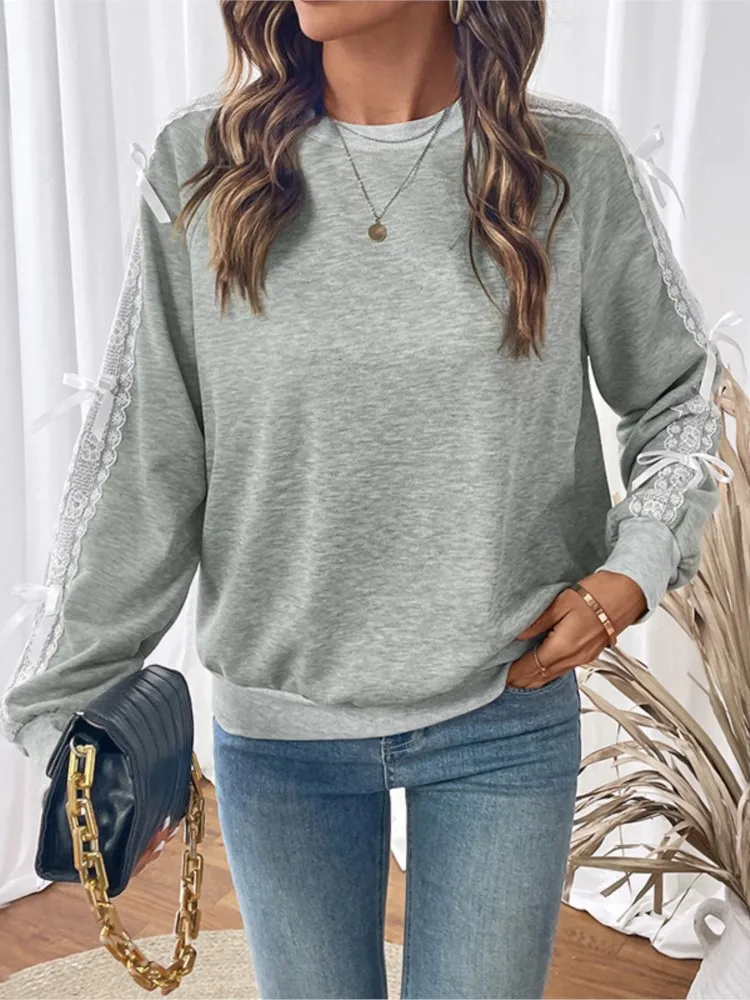 

Женская одежда, осенний свитшот, повседневный топ с бантом, кружевная строчка, с длинными рукавами, однотонный, темпераментный, для поездок на работу, простой стиль