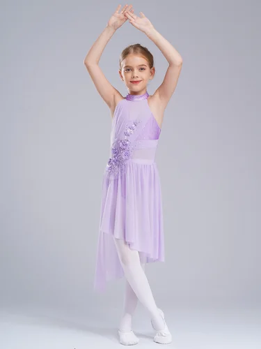 Imagen 2 del producto Apliques para niñas, Ropa de baile contemporánea lírico, falda de empalme de gasa alta y baja, traje de gimnasia para patinaje elegante, vestidos de Ballet