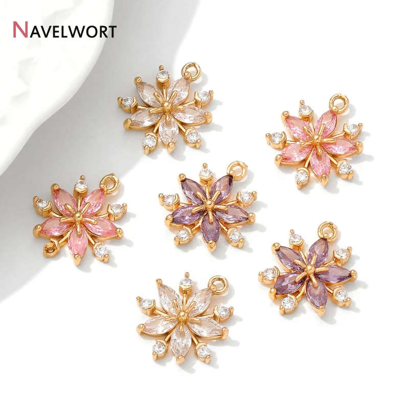18K Gold Plated Brass Metal Inlaid Zircon Flower Shape Snowflake Charms Pendants Earring Charms,DIY Jewelry Materials view 5