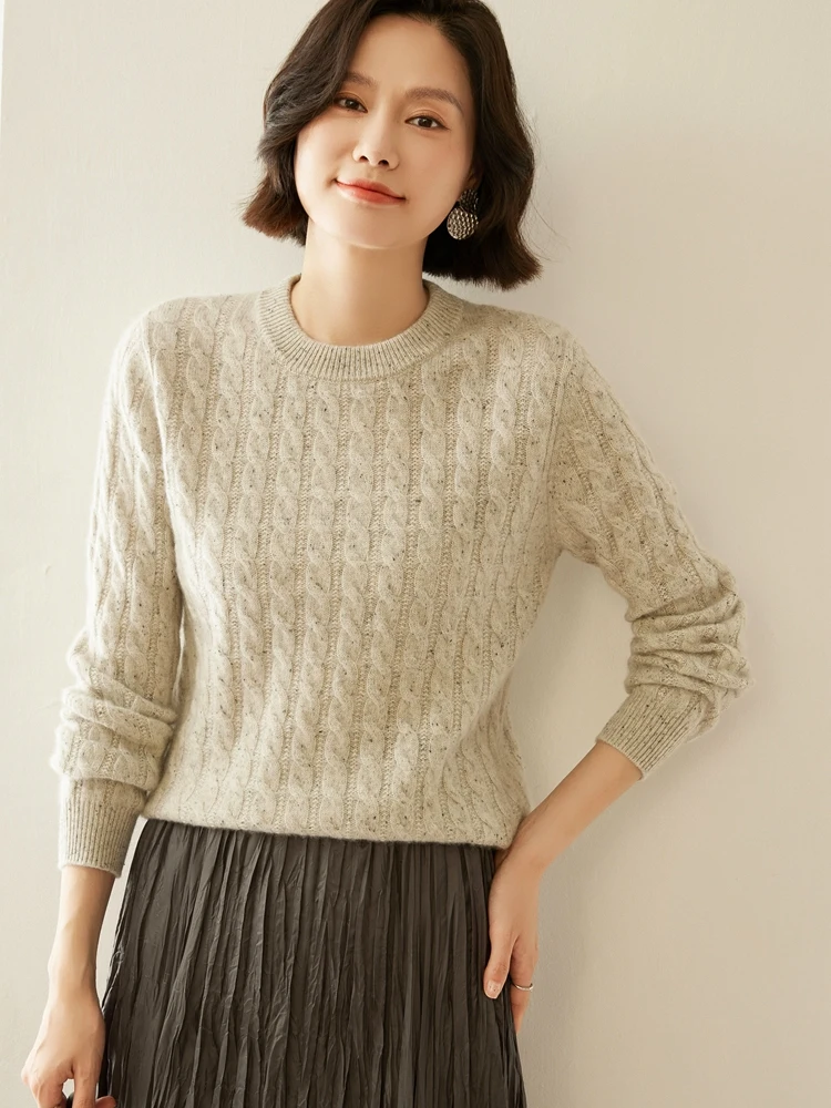 

High Quality Thick Autumn Winter Women O-neck Pullover Sweater Knitted Casual 100% Cashmere High Elastic Dot Yarn Female Top