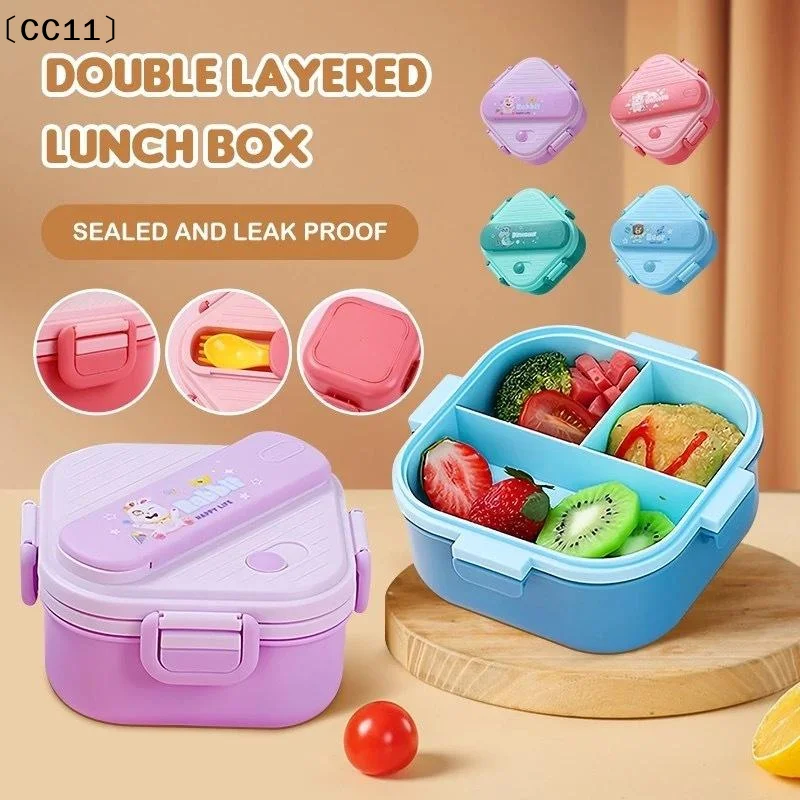 Kids.Outdoor Utensils - カートゥーンキッズ弁当箱 3コンパートメント 漏れ防止蓋 カトラリーセット 食品に安全 通学・ピクニック・アウトドア旅行に最適〔CC11〕