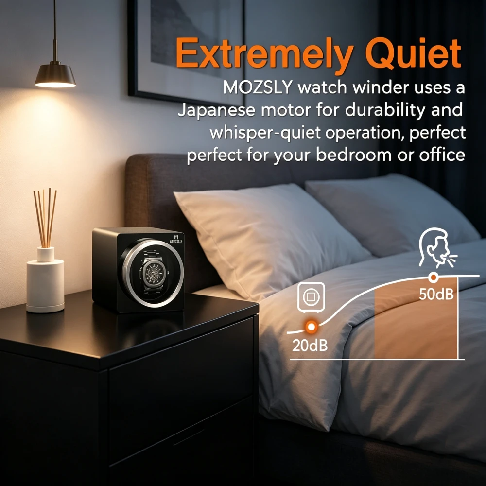 Mozsly Luxury Single Watch Winder, Japanese Quiet Motor & Anti-Magnetic, 20dB 12 TPD Custom Programs & 3 Rotation Modes, Dual Power Modular, for Display Case, Fits Rolex Omega