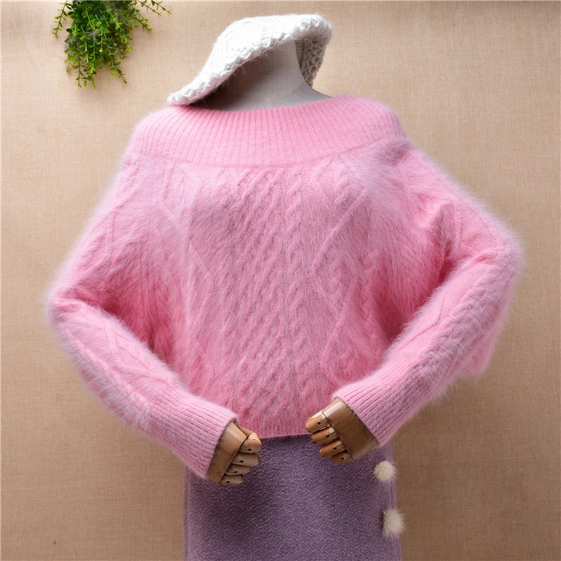 

Женский пуловер из меха норки и кашемира, короткий свитер свободного покроя с воротником-лодочкой из ангоры для осени и зимы