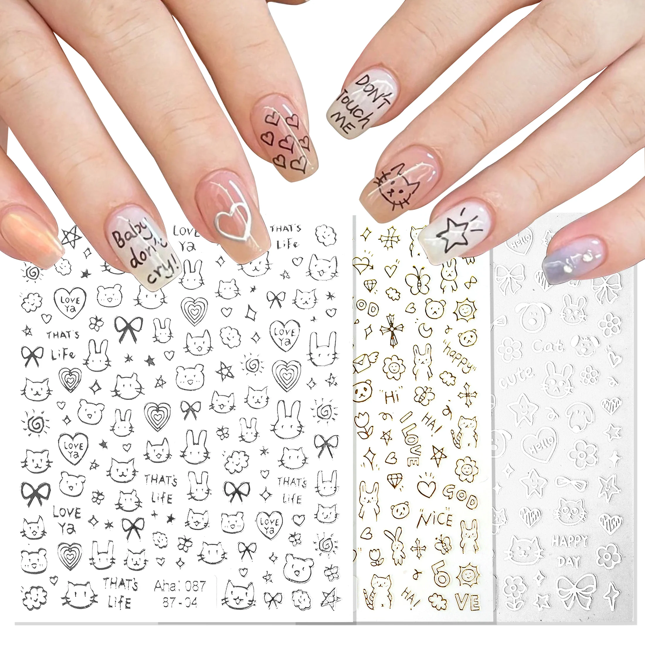 3pcs/set Cartoon Cat Nail Sticker Decals Swirl Wave Graphic French Tips Nail Art Decorations Adhesive Foils Sliders Manicure