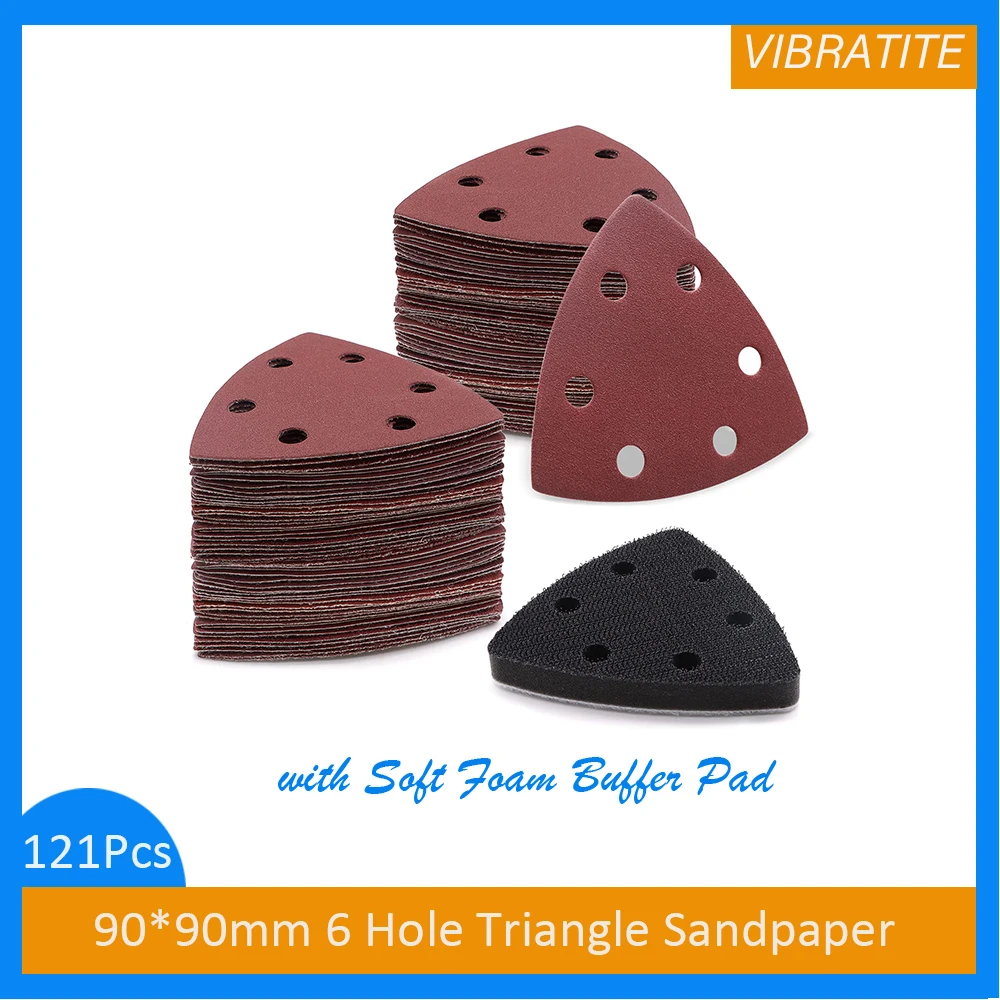 

121Pcs 90*90mm 6 Hole Triangle Sandpaper Kit with Soft Buffer Pad Hook & Loop 60-320 Grit Abrasive Sanding Disc for Wood Sanding