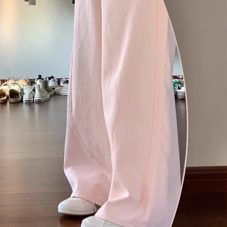 Słodkie Różowe Jeansy z Szerokimi Nogawkami Damskie z Wysokim Stanem Wyszczuplające Proste Spodnie Casualowe Zapinane na Zamek Długie Spodnie Wiosenne