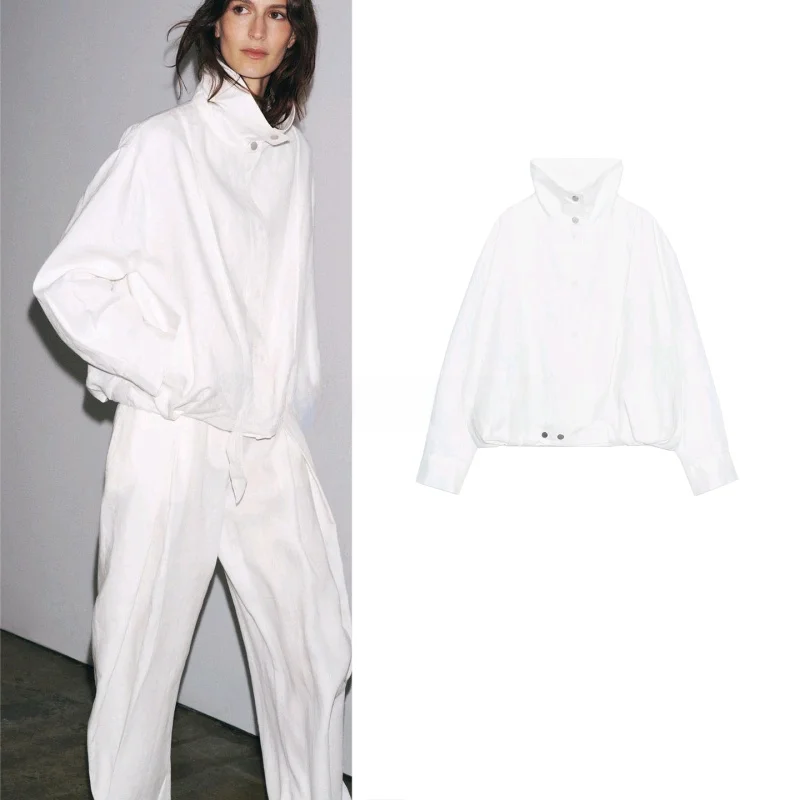 

Fall New Women's Pleated High Collar Long Sve Mixed Pilot Jaet Coat Sli Commute Sle Loose Fit Polyester Fiber