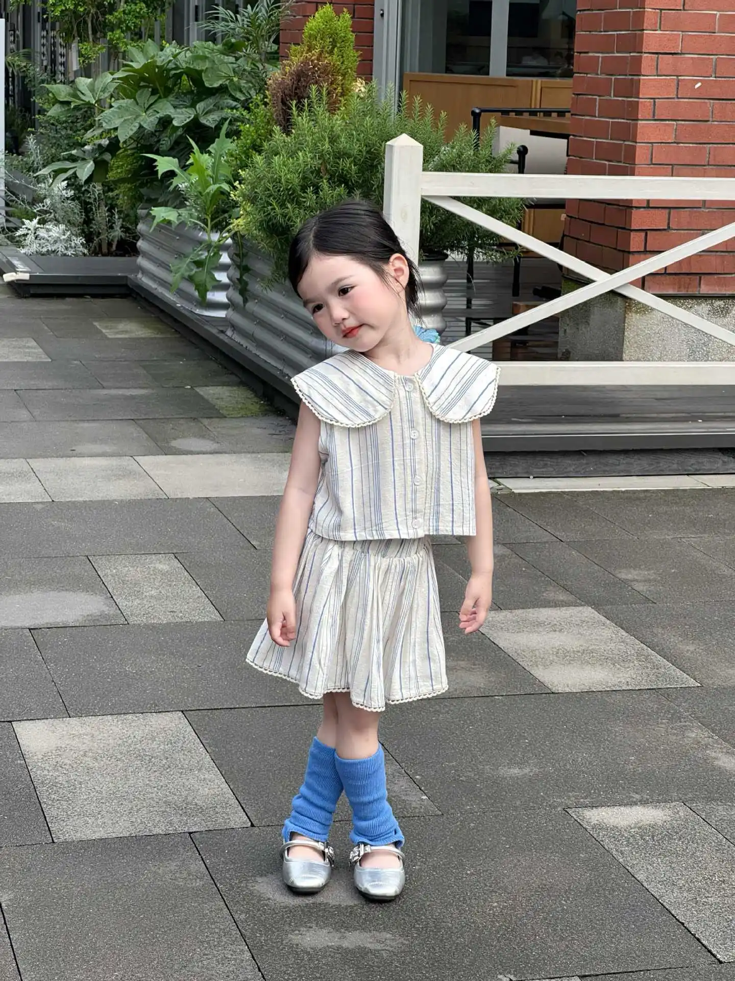 Korean Girls Set 2026 Summer Small Fresh Vertical Stripe Turn-down Collar Lace Sleeveless Top and Skirt Two-piece Set