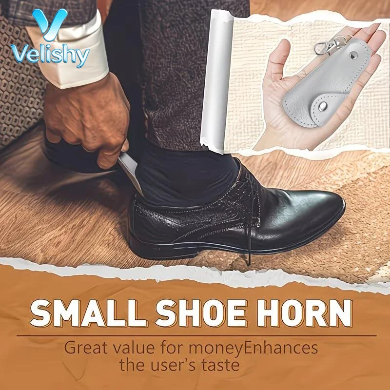 Portable Mini Folding Shoehorn Smooth Stainless Steel Shoe Horn with Leather Pouch for Pregnant Women Seniors Home Use