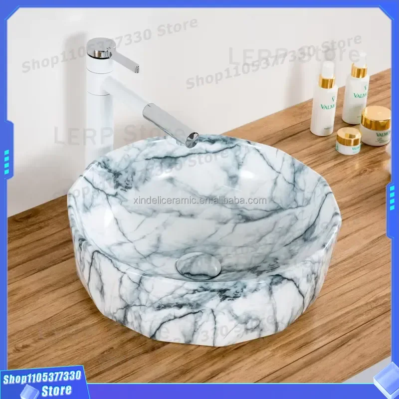 Round Ceramic Wash Basin Bathroom Countertop Sink Marble Pattern Sanitary Ware Hand Washing Bowl Modern Home Decor Fixture