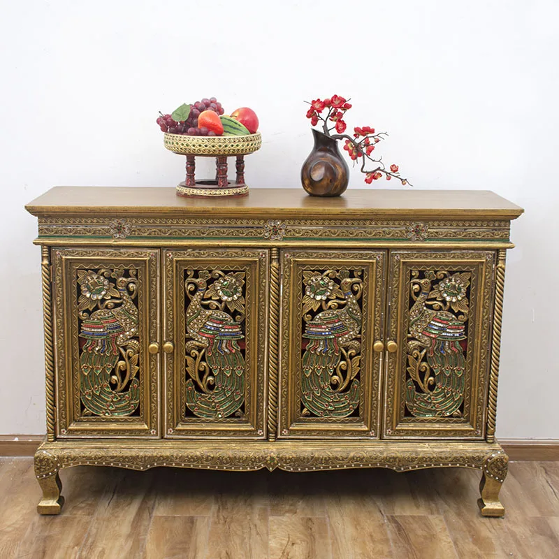 

Furniture Decorative foyer solid wood peacock carved wall storage TV cabinet entrance cabinet