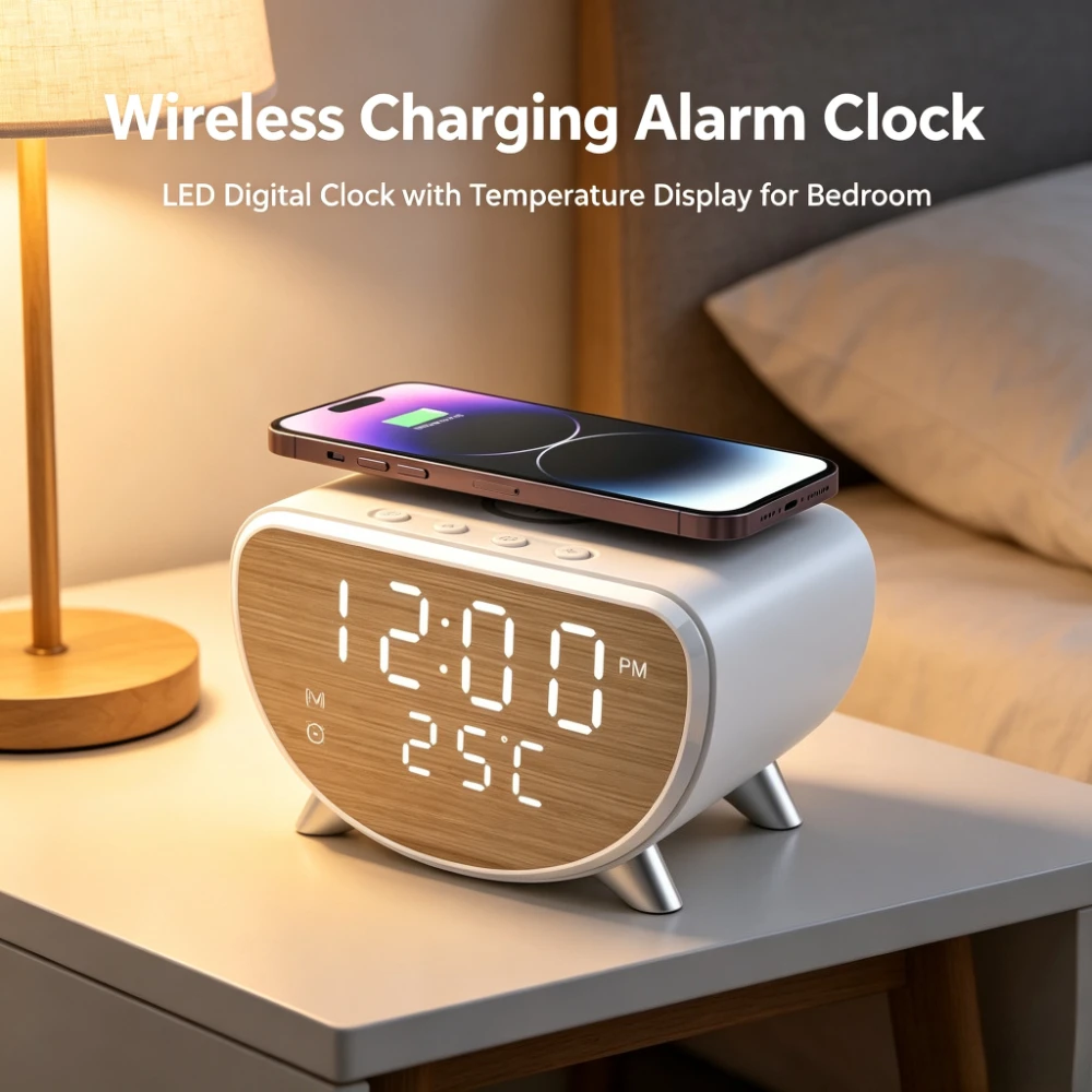 Multi Function Desktop Charging Station 15W Wireless Quick Charge Alarm Clock Thermometer Practical Accessory for Apple Mobile