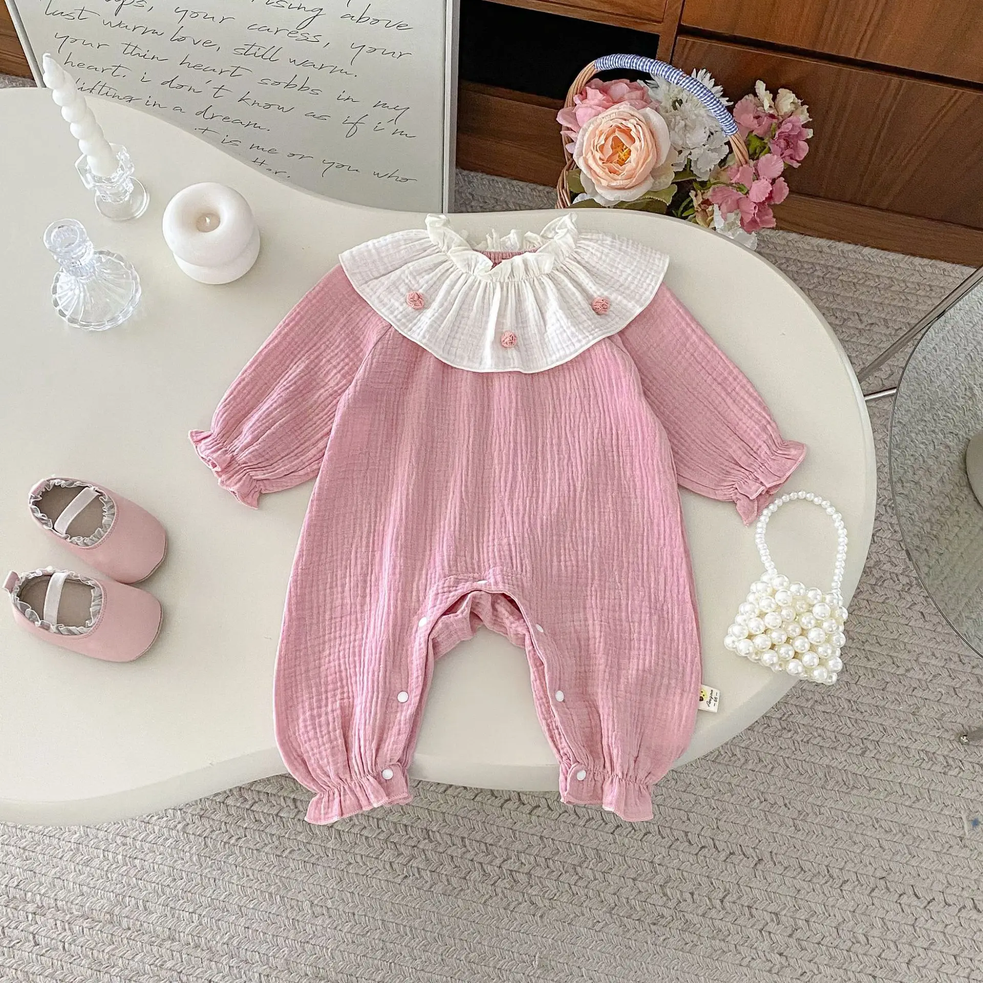 Baby Jumpsuit 2025 Autumn New Long-sleeved Gauze Cotton Romper  Baby Girl's One Piece Clothes Scarf Climbing Clothes