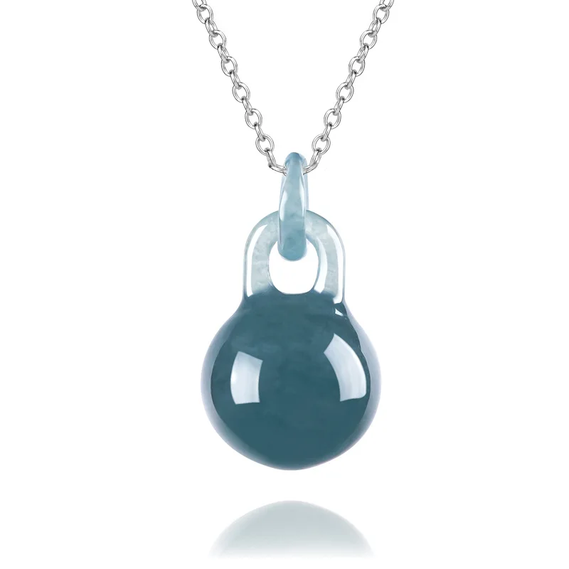 

Natural Type A Blue Water Jadeite Lock & Bead Pendant Waxy S925 Sterling Silver Minimalist Necklace for Women