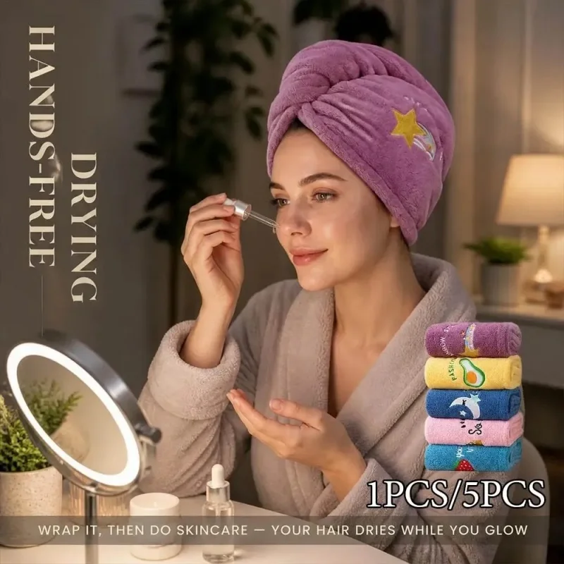1/5 Pcs Women's Microfiber Hair Drying Towel Wrap Quick Dry Super Absorbent Modern Geometric Space Embroidery for Bathroom Spa