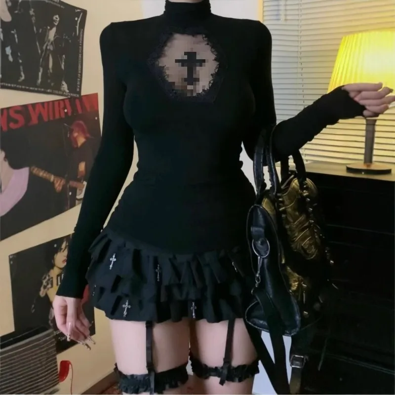 Camisa básica picante para niña, Top de calle Retro con cuello alto ligeramente transparente y Cruz gótica oscura para mujer