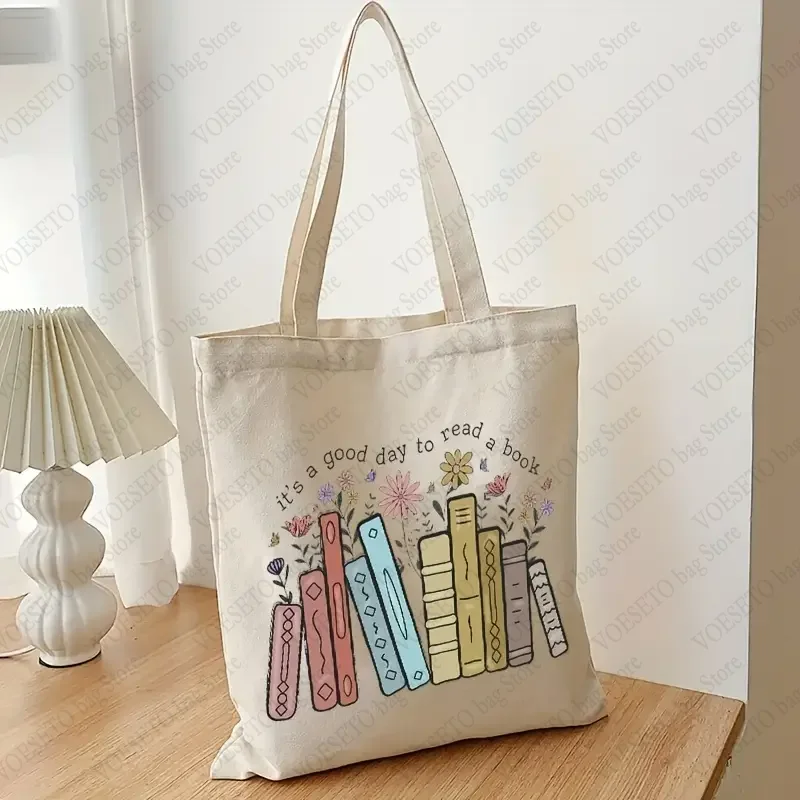 It\'s A Good Day To Read Book Pattern Canvas Shopping Bag Portable Shoulder Bags Large Capacity Tote Bag Gift for Bookish Teacher