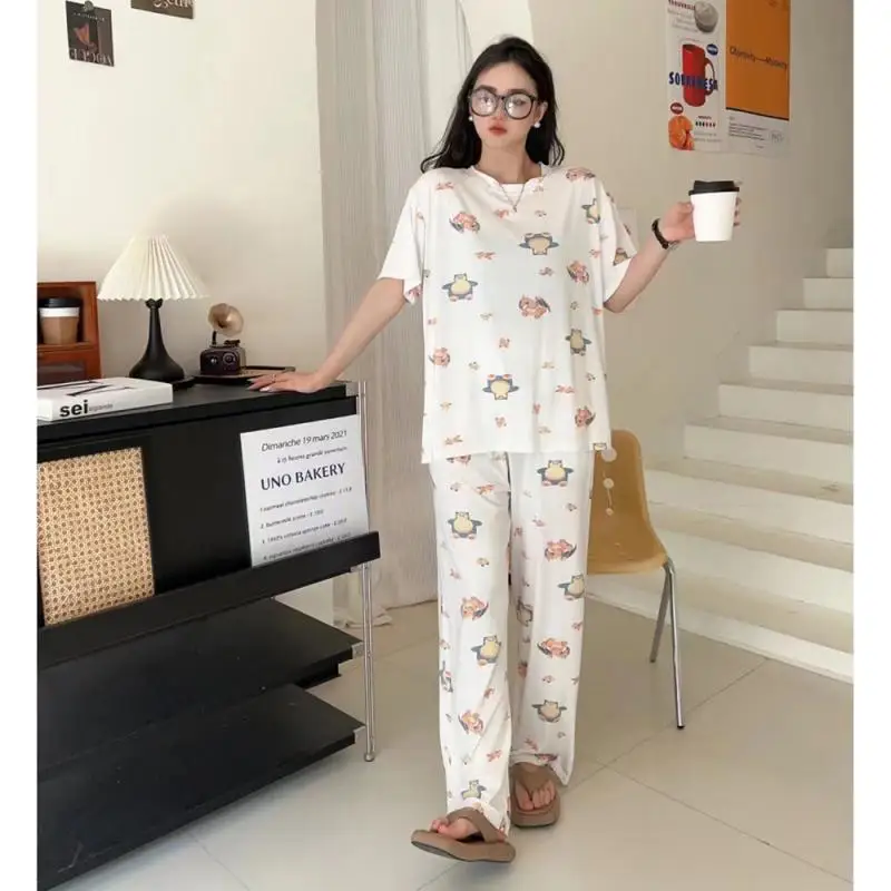 Anime Cartoon Pokemon Snorlax Women\'s Pajamas Summer Modal Print Round Neck Casual Home Wear Short-Sleeved Dress Gift for Friend