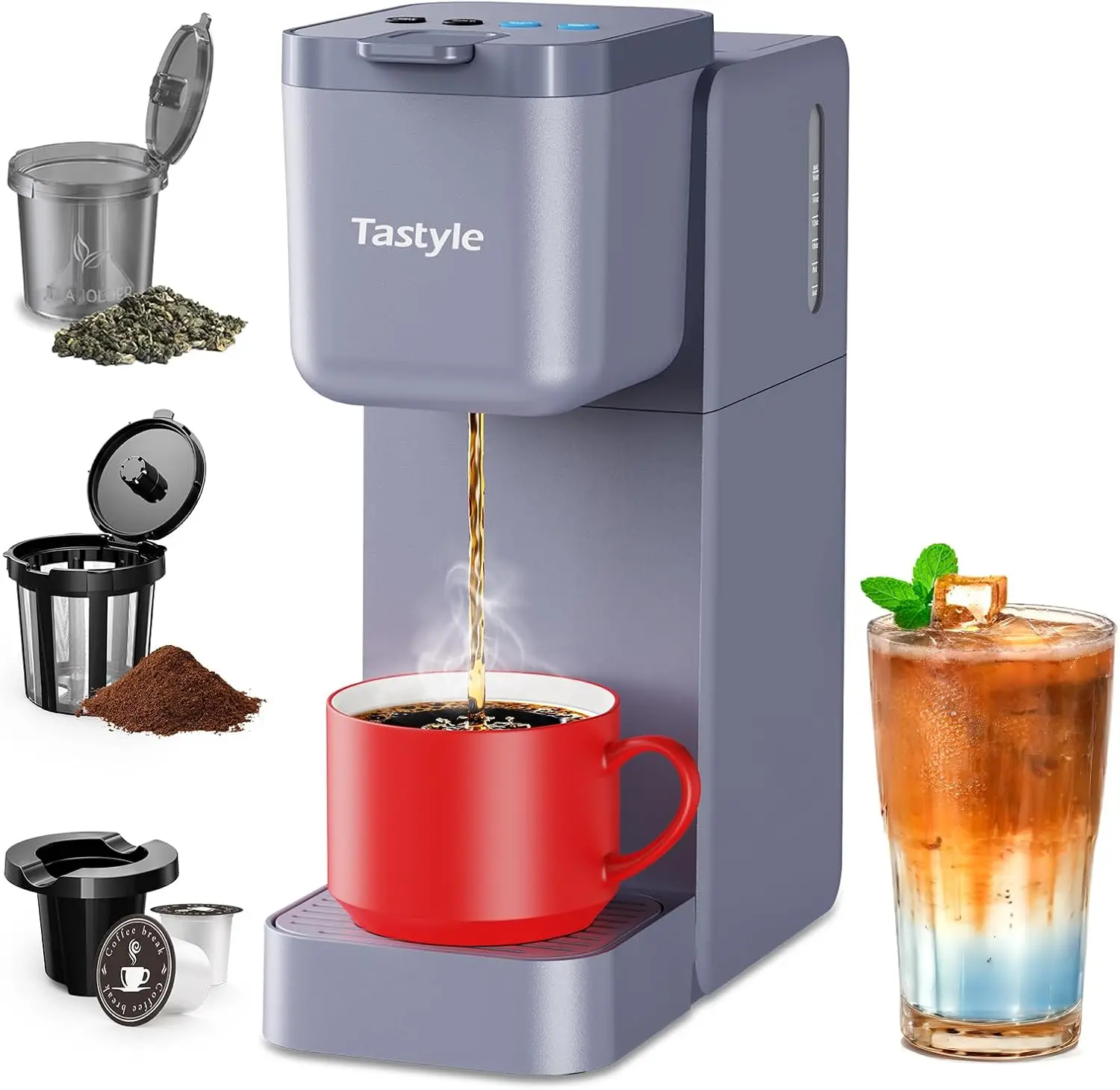 

Compact Single Serve Coffee Maker for K Cup, Ground Coffee and Tea, Hot and Iced Brewing with Bold Setting