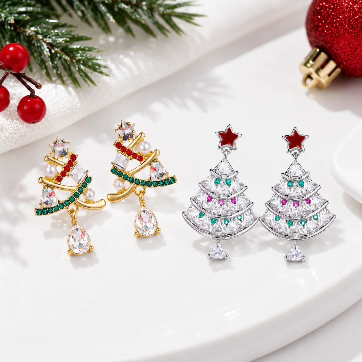 Christmas Tree Earrings Colorful Rhinestone Crystal Pearl Drop Stud Earrings for Women Holiday Party Gift Jeewelry Accessories