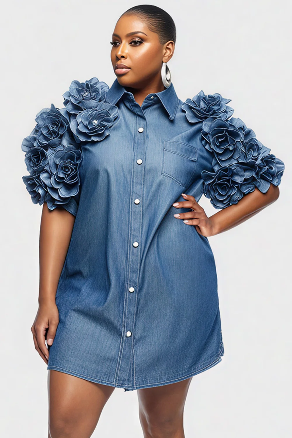 

Plus Size Semi Formal Blue Shirt Collar Half Sleeve 3D Casual Denim Shirt