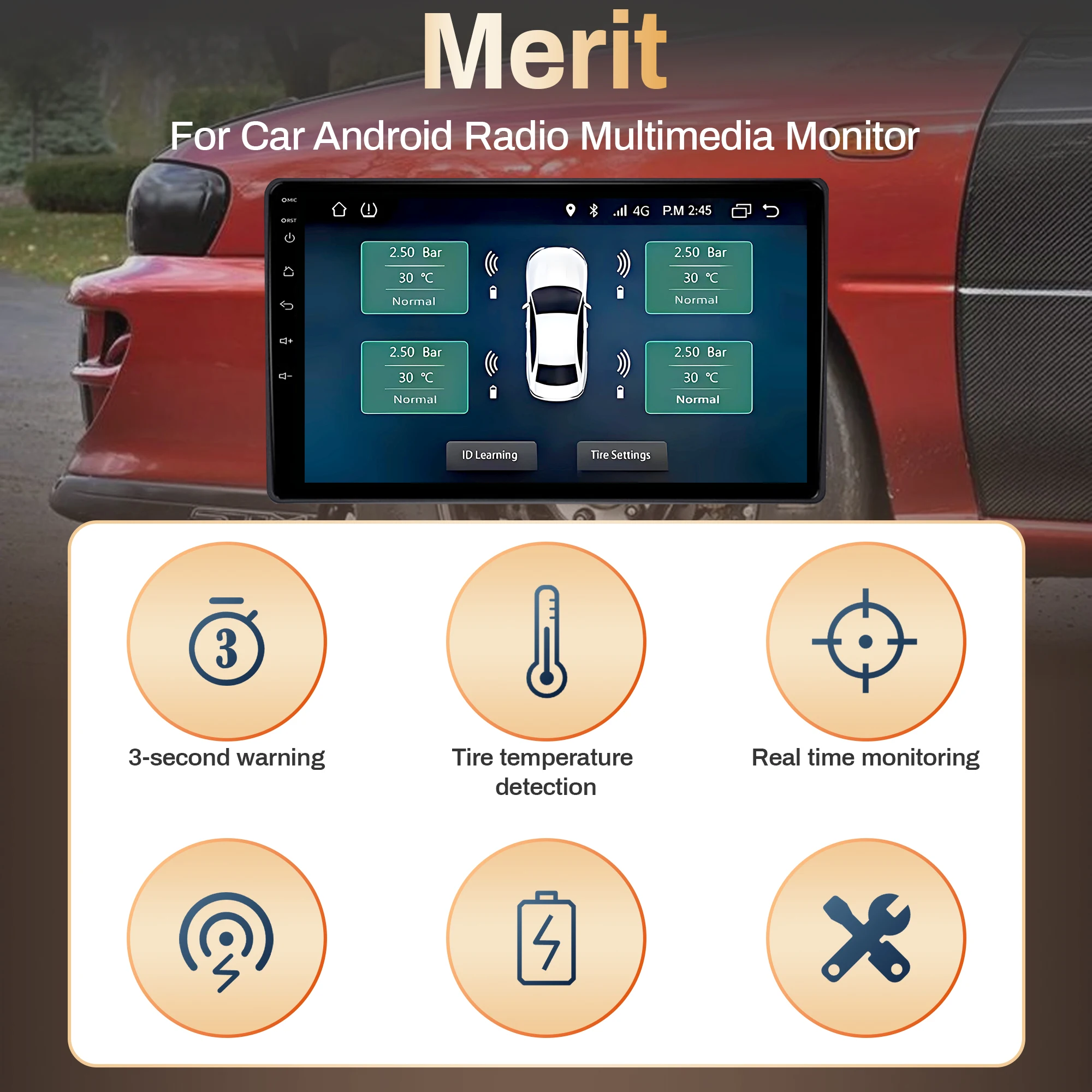 Smart USB Android Wireless TPMS Tire Pressure Monitoring System 5V Internal External for Navigation Car Radio Display Alarm
