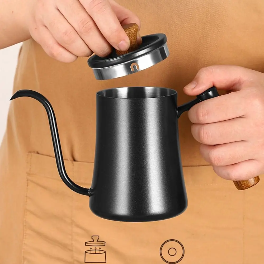 Stainless Steel Goose Neck Coffee Pot Drip Port Wooden Handle Long Narrow Drip Carafe Anti-scald Scale Hand Brewing Kettle