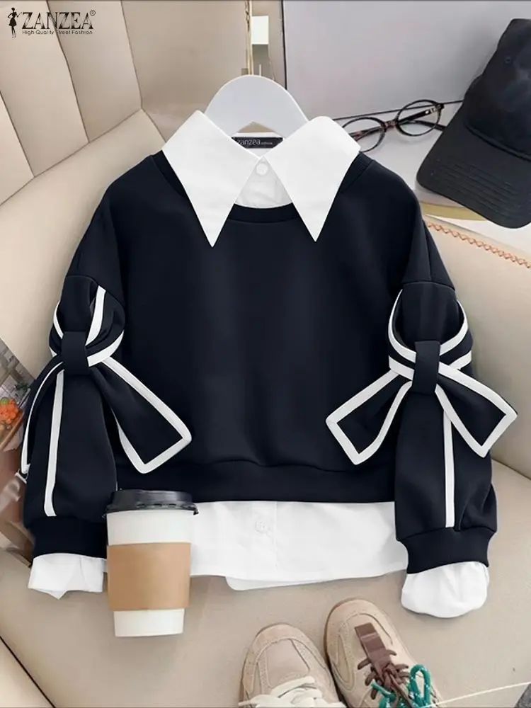 

ZANZEA, женские толстовки, модные осенние пуловеры с длинными рукавами и бантом в стиле пэчворк, 2025 г., повседневные свободные джемперы с лацканами, уличная одежда, Blusas