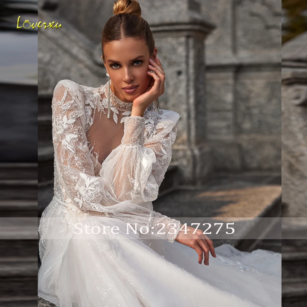 Loverxu A-Linie anmutige Brautkleider High Neck Langarm Vestido de Novia Spitze Perlen Pailletten Illusion Robe de Mariee