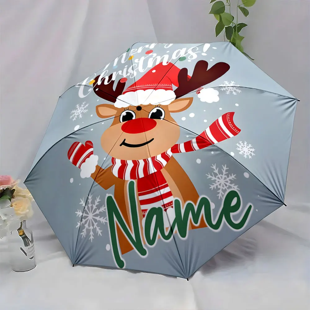 Custom Name Festive Christmas Reindeer Umbrella 8 Iron Ribs Folding Umbrella Auto-Open Fashionable Sunshade Deluxe Gift