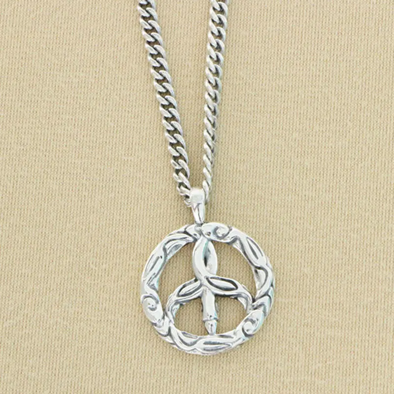 

S925 Sterling Silver Vine Grass Pattern Peace Logo Pendant New Product Trendy Internet Red Accessories Street Shooting Sweater C