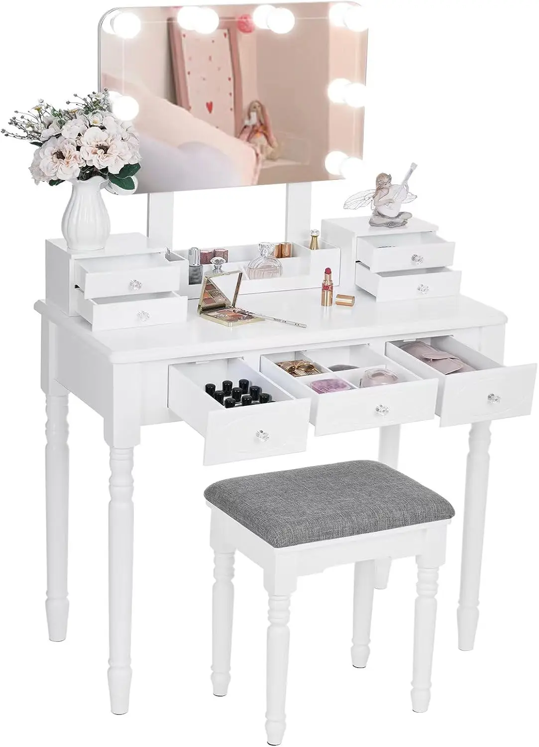 Toletta Tavolo da toeletta Cosmetici 8 Lampadine a Toeletta con Luci LED 3 Colorazioni Specchio Illuminato con 7 cassette