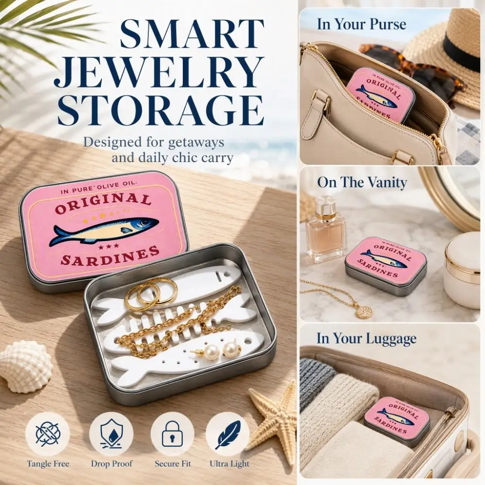3D Printed Sardine Tin Jewelry Box Fishbone Insert Portable Jewelry Organizer Lightweight Compact Sliding Lid Travel Case
