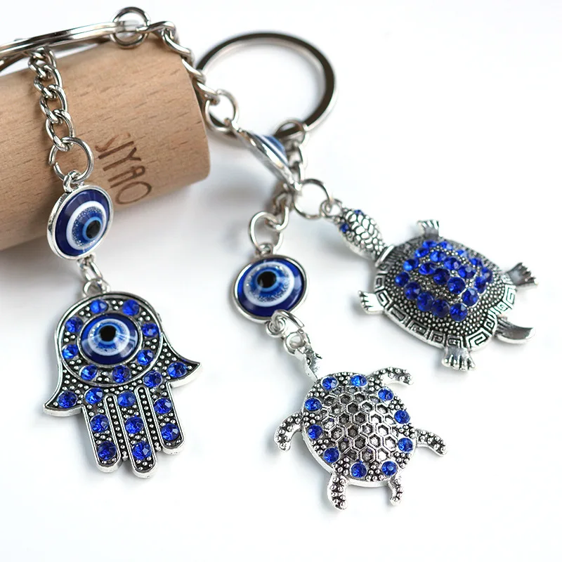 10pcs Blue Evil Eyes Key Ring Fashion Turtle Palm Ornaments Charms Lucky Turkish Pendant Keychain Key Chains Accessories