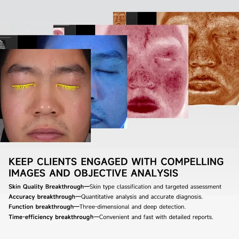 Urządzenie do analizy skóry twarzy, wykrywające przebarwienia, trądzik i potencjalne problemy skóry, do diagnostyki twarzy.