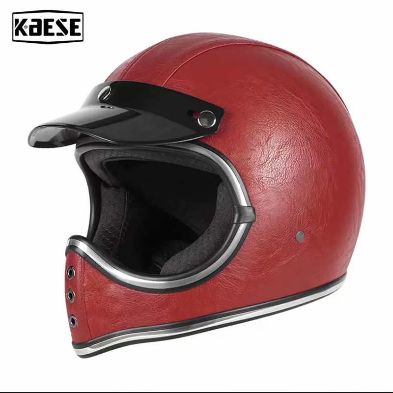 

Full Face Fiberglass Helmet for Motorcycle DOT Certified Lightweight Durable Red Vintage Leather casco para motos