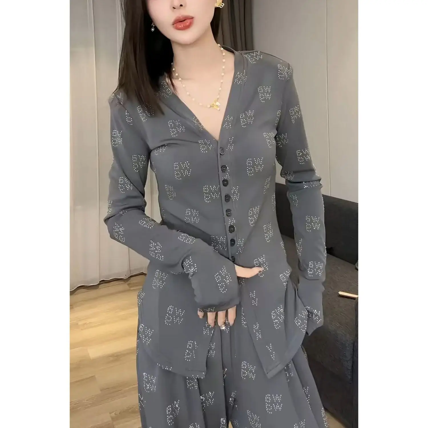 2024 Spring New Fashion Large Size Slimming Full Sky Star Hot Diamond Top Wide Leg Long Pants Casual Two Piece Set for Women