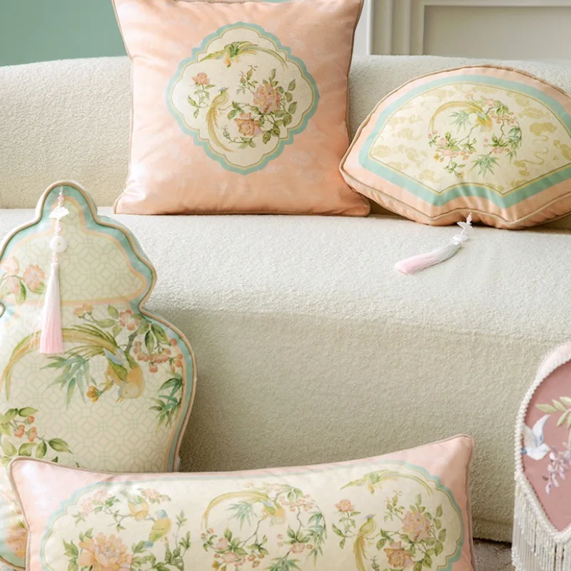 Chinese Flora Bird Pillow Luxury Velvet Cushion Case Retro Fan Vase Decorative Pillow Cover For Sofa Chair Home Decorations