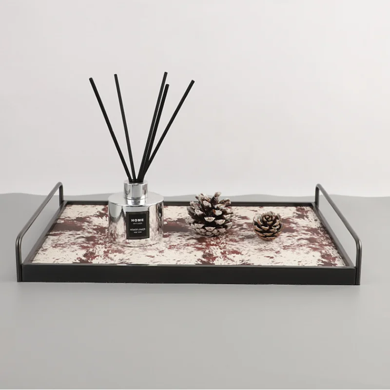 Square Handheld Metal Tray, Splashed Ink Art Leather Decorative Aromatherapy Storage Tray, Organizer, Living Room Decoration