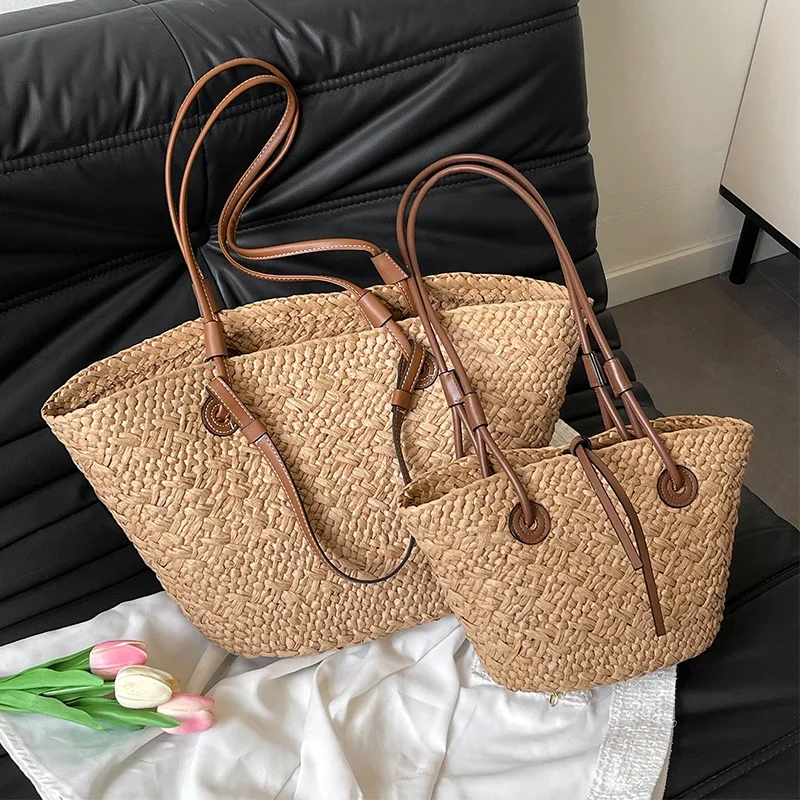 

Designer Straw Shoulder Bag For Women Handmade Woven Handbag Raffia Rattan Bag Vacation Casual Tote Bag Shopper Shoulder Tote