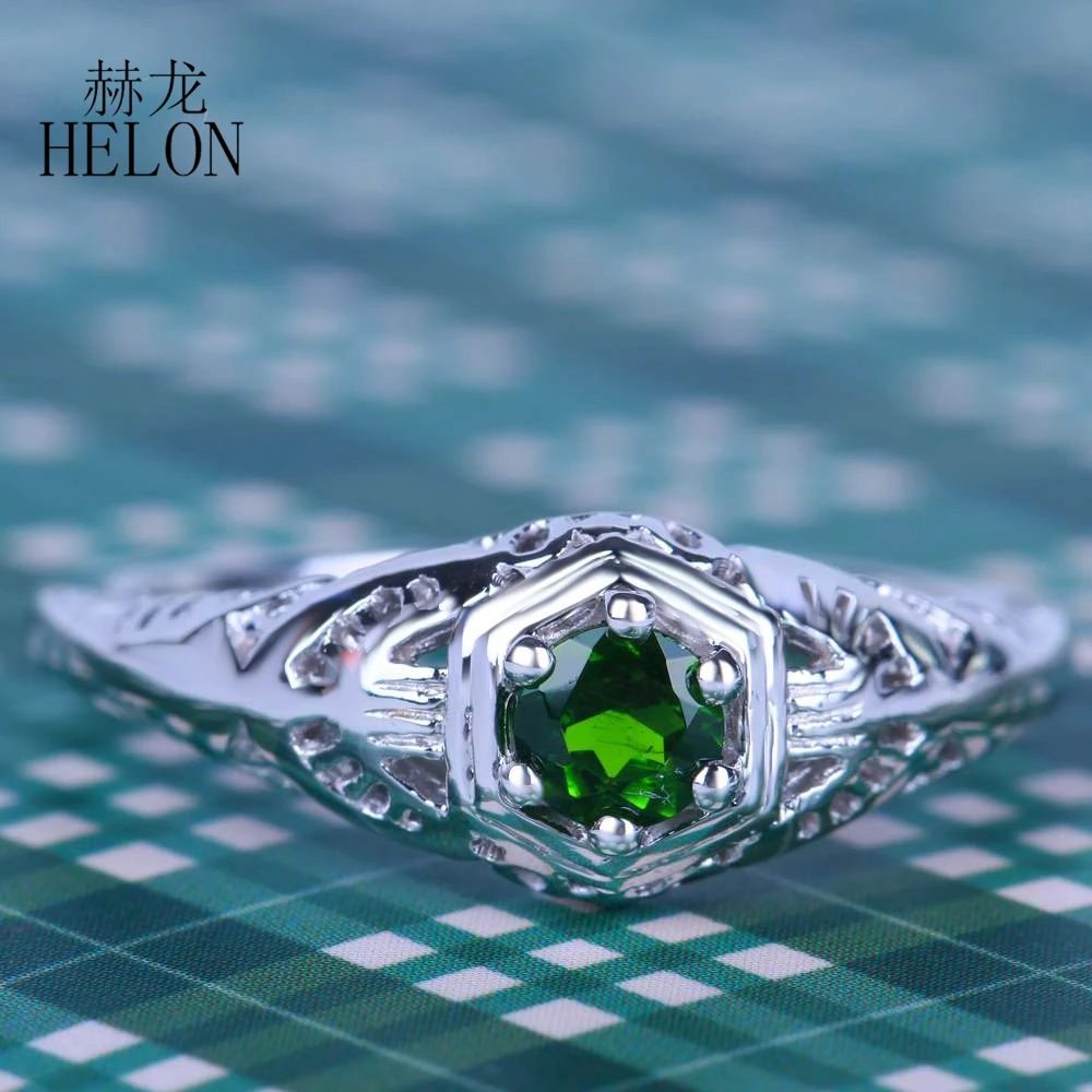 HELON Solid 14k White Gold Flawless Round 4mm Genuine Chrome Diopside Gemstone Ring For Women Vintage Trendy Fine Jewelry