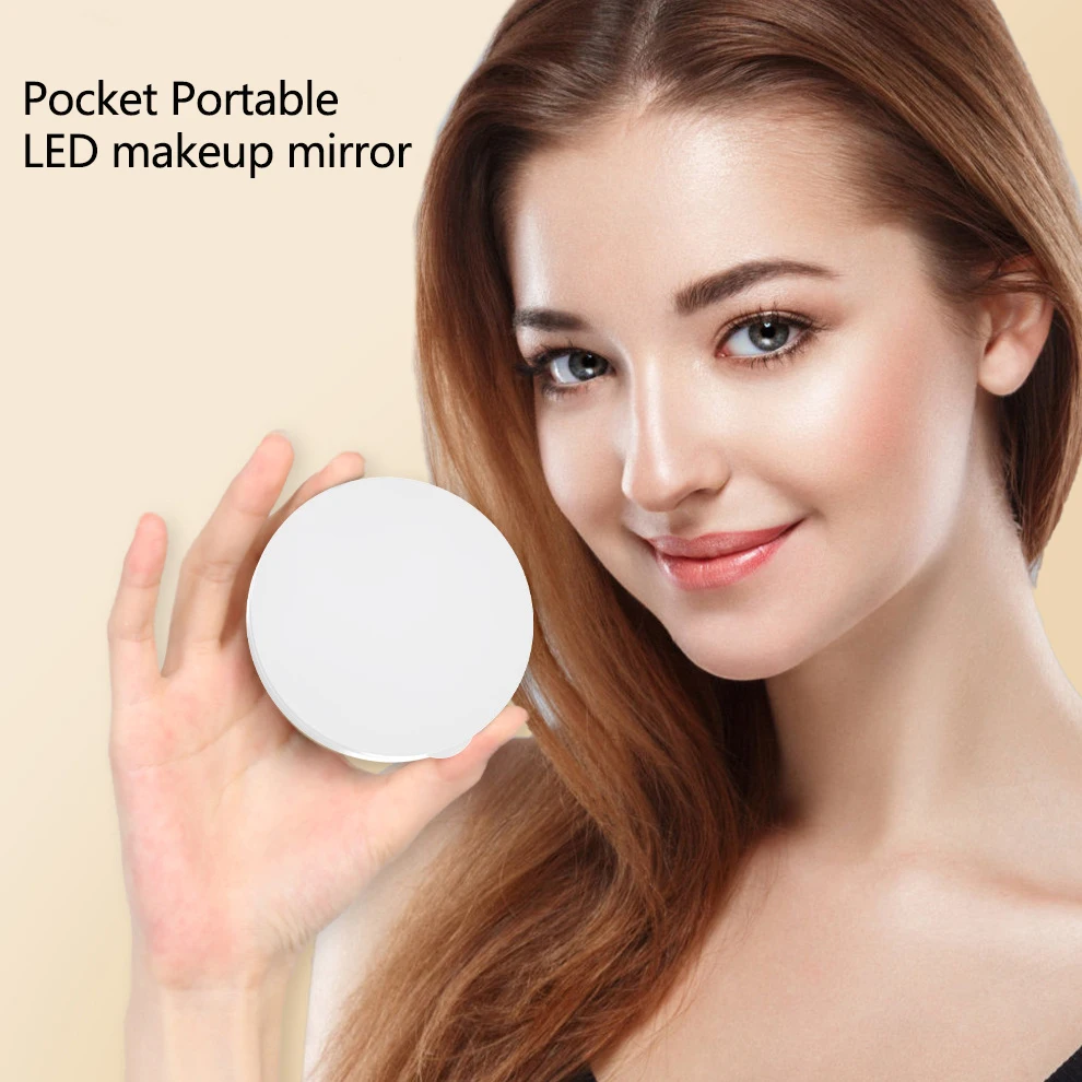 充電式両面ポケットミラー,コンパクトなバニティミラー,3色ライト,調光可能,小さなウォレットミラー,倍率1〜2倍