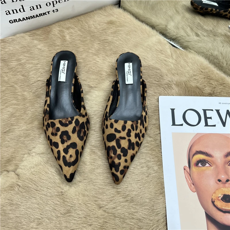 New Pointed Toe Mules Fashion Leopard Print Women Slippers Casual Women's Shoes Women Low Heels Elegant Ladies Outdoor Slippers