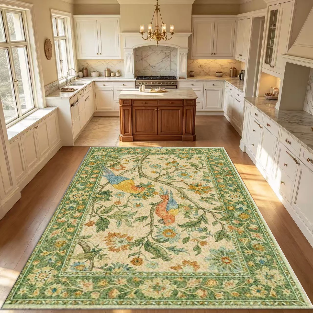 Vintage Parrot Bird Floral Tree Pattern Carpet Floor Classical Art Style Non-Slip Carpet Suitable for Home Living Room Bedroom