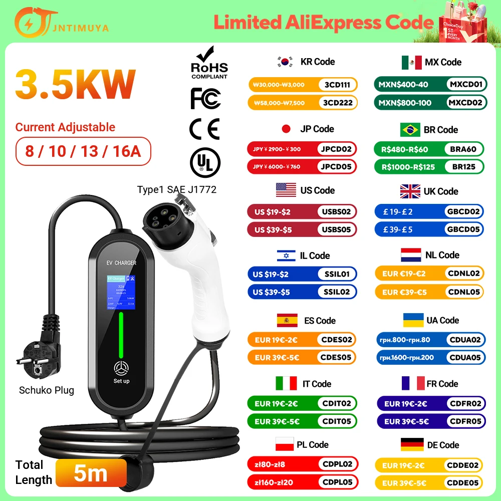 JNTIMUYA Carregador EV Portátil Type2 IEC62196-2 16A EVSE Cabo de Carregamento Rápido Type1 SAEJ1772 Wallbox 3.5KW GBT Carregador de Carro Elétrico