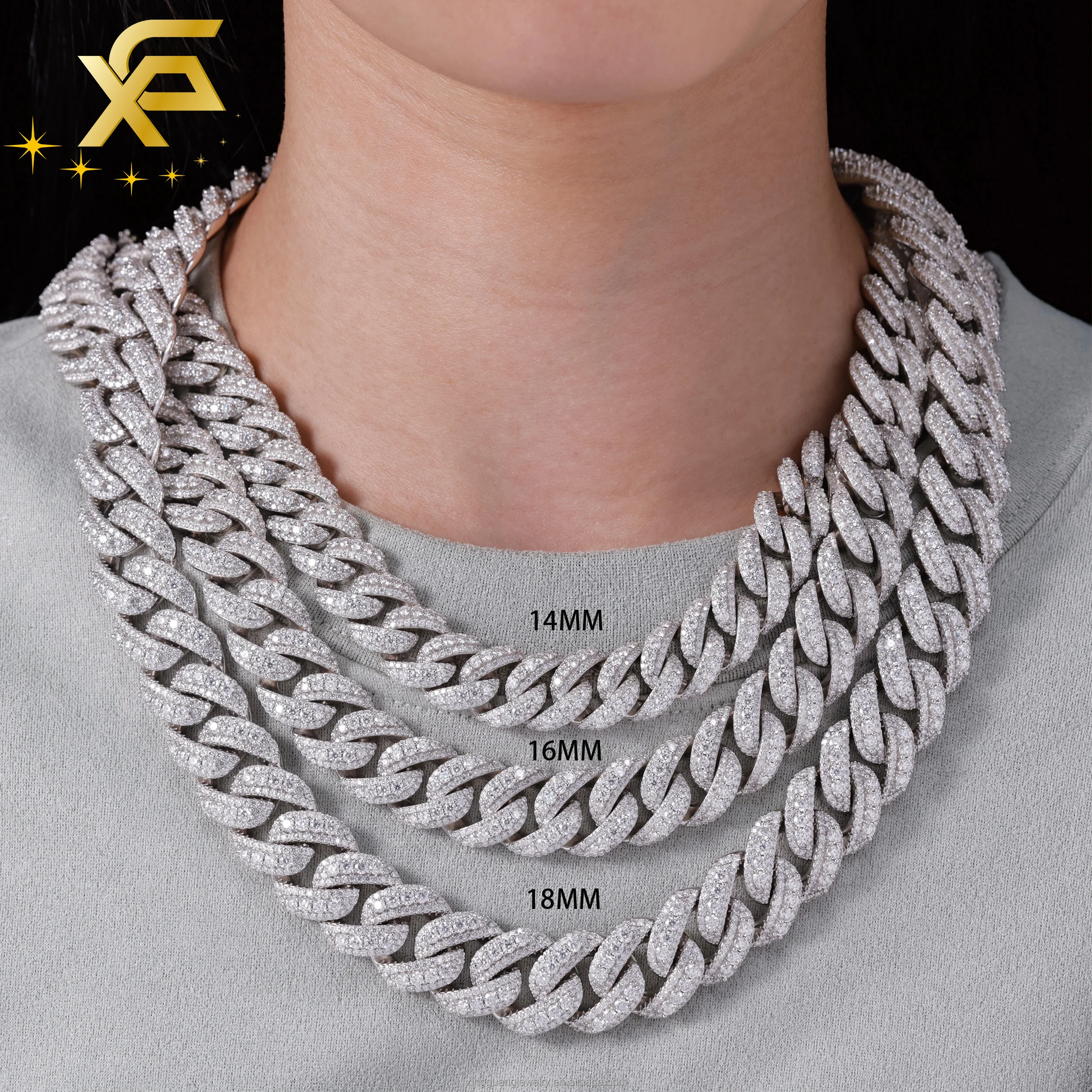 Stock In Factory Price 14mm16mm18mm 20mm 3 Rows Sterling Silver S925 Moissanite Hiphop Vvs Moissanite Cuban Link Chain Neckla